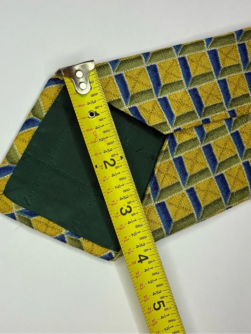 ERMENEGILDO ZEGNA 100% SILK TIE-Gold/Blue Geometric from ITALY  59 inch- Perfect